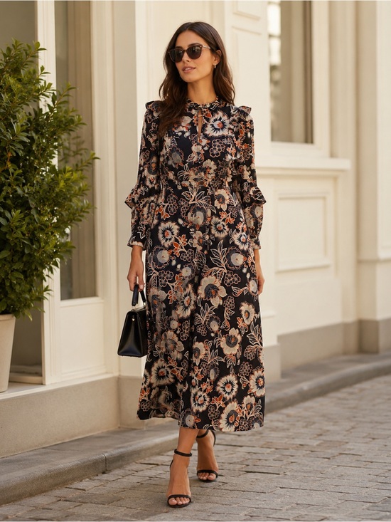 Who What Wear Dresses & Skirts - Who What Wear Black Floral Maxi Dress with Cream and Rust Accents
